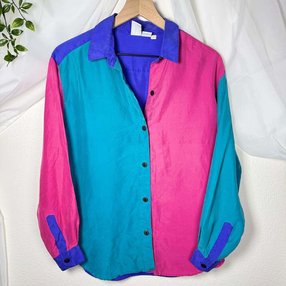 Vintage 100% Silk Colorblock 90s Button Down Pride Shirt